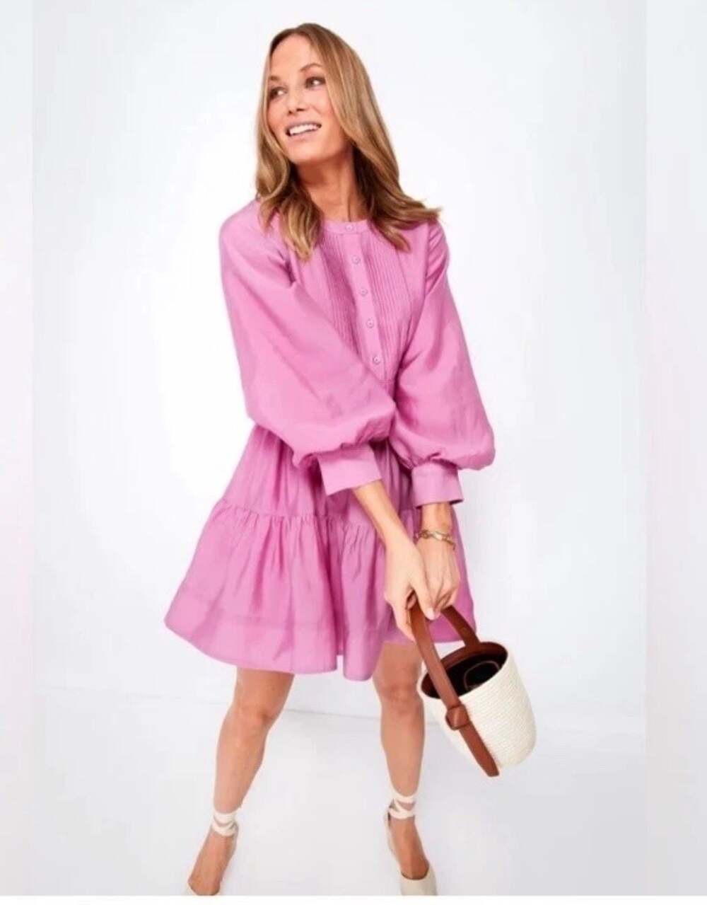 Hyacinth House Pink Pleated Button Down Tiered Mini Dress